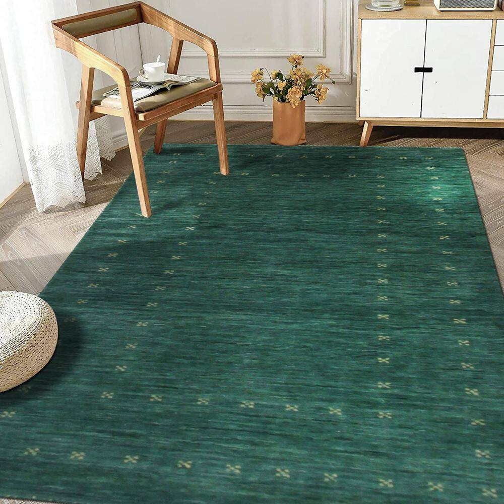 Green Hand-Knotted Wool Rectangular Area Rug, 2' x 4'