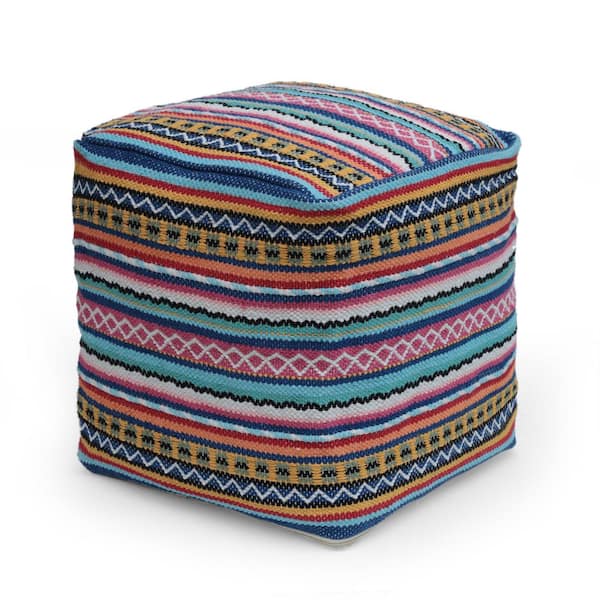Noble House Rawson Yellow, Navy, and Multi-Pink Peruvian Print Cube Pouf