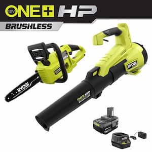 ONE+ HP 18V Brushless 10 in. Cordless Battery Chainsaw and 110 MPH 350 CFM Leaf Blower with 4.0 Ah Battery and Charger