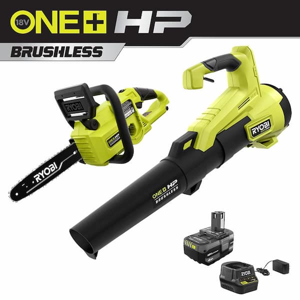 RYOBI ONE+ HP 18V Brushless 10 in. Battery Chainsaw and 110 MPH 350 CFM Leaf Blower with 4.0 Ah Battery and Charger