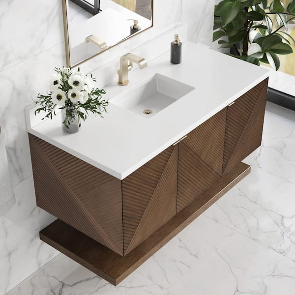 James Martin Vanities Marcello 48.0 in. W x 23.5 in. D x 37.18 in. H Single Bathroom Vanity in Chestnut with White Zeus Quartz Top