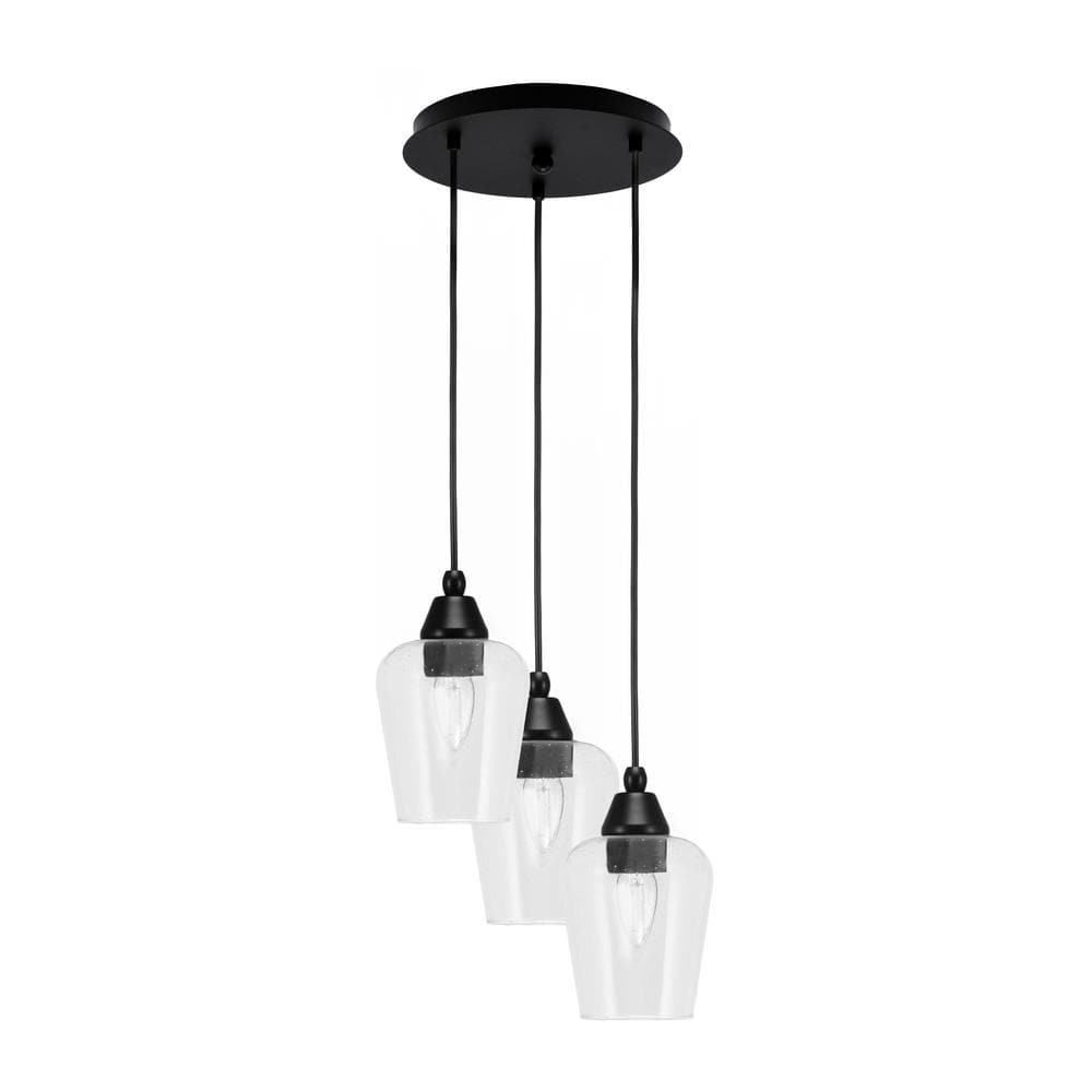 Savannah 10 in. 3-Light Matte Black Cord Pendant Light Clear Bubble Glass S