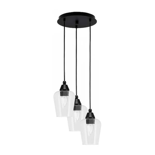 Savannah 10 in. 3-Light Matte Black Cord Pendant Light Clear Bubble Glass Shade