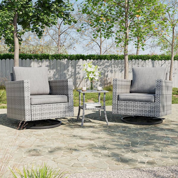 3-Piece Gray Wicker Patio Bistro Set Swivel Rocking Chairs with Side Table, Linen Grey
