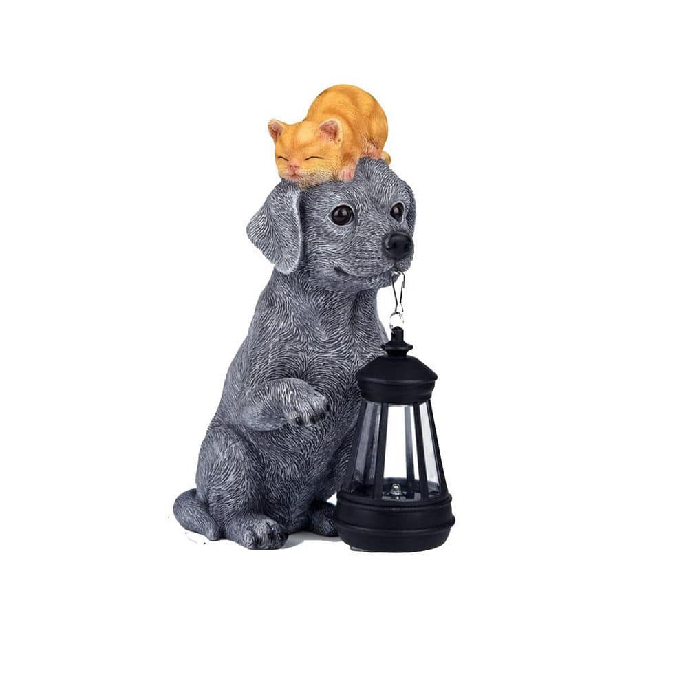 4 in. x 10 in. Gray Resin Solar Dog Garden Statue with Lantern and
