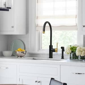 Single Handle Deck Mount Standard Kitchen Faucet with Side Spray in Black and Gold