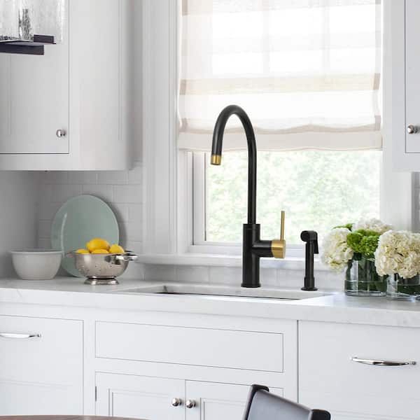 Single Handle Deck Mount Standard Kitchen Faucet with Side Spray in Black and Gold