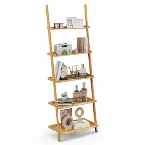 25.5 in. Wide Natural 5-Tier Bamboo Ladder Shelf Wall-Leaning Bookshelf Display Bookcase Storage Rack
