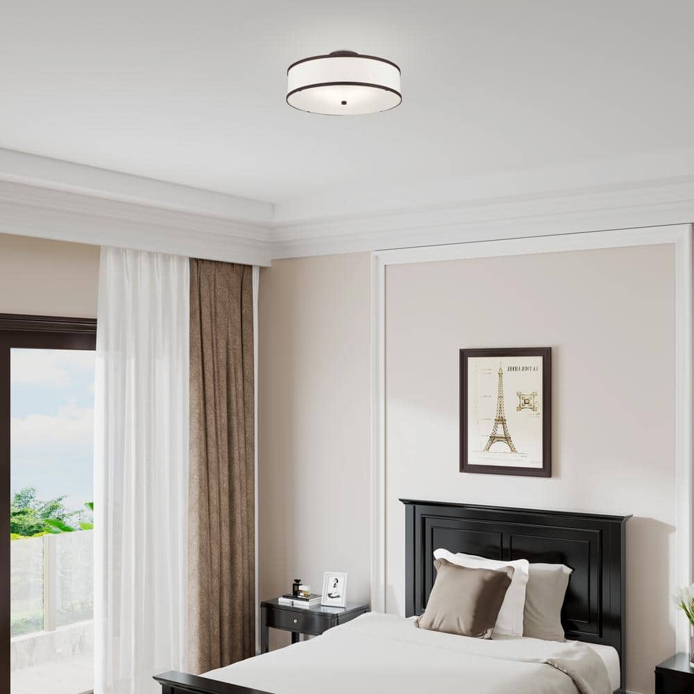 Bronze Drum 3-Light Semi-Flush Mount with Off-White Fabric Shade
