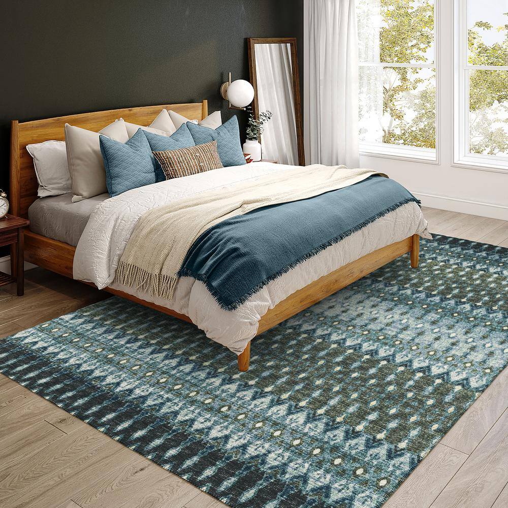 Moody Blue Chenille Geometric Washable Area Rug 3' x 5'