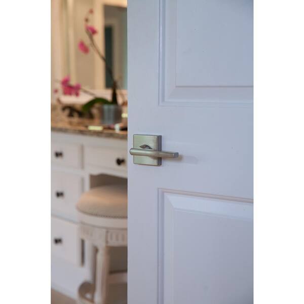 NCL White Porcelain Door Knobs - Square Satin Nickel Lever, Privacy Bedroom/Bathroom Lock, Fits Standard Doors (1-3/8 To 2-1/6 Inch)