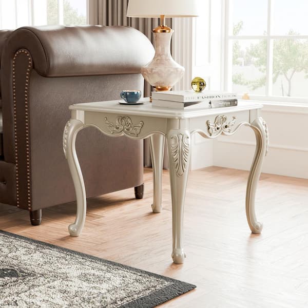 Furniture of America Griffith 24.75 in. Off White Rectangle Wood End Table with Leaf Motifs