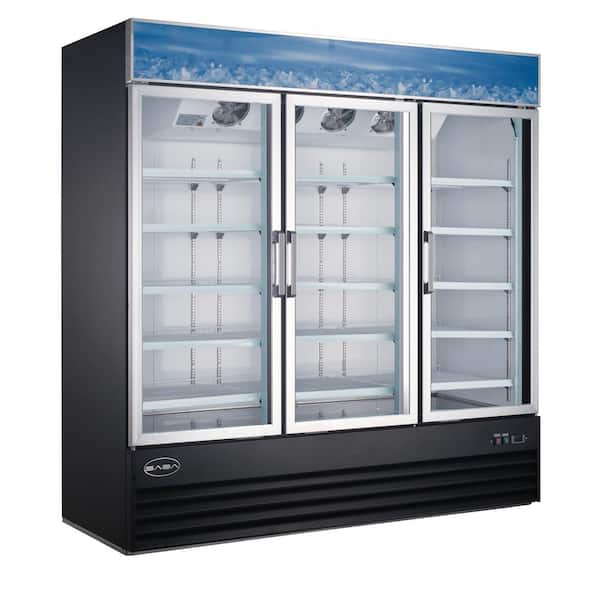 SABA 78 in. W 63 cu. ft. Three Glass Door Commercial Merchandiser Refrigerator Reach In in Black