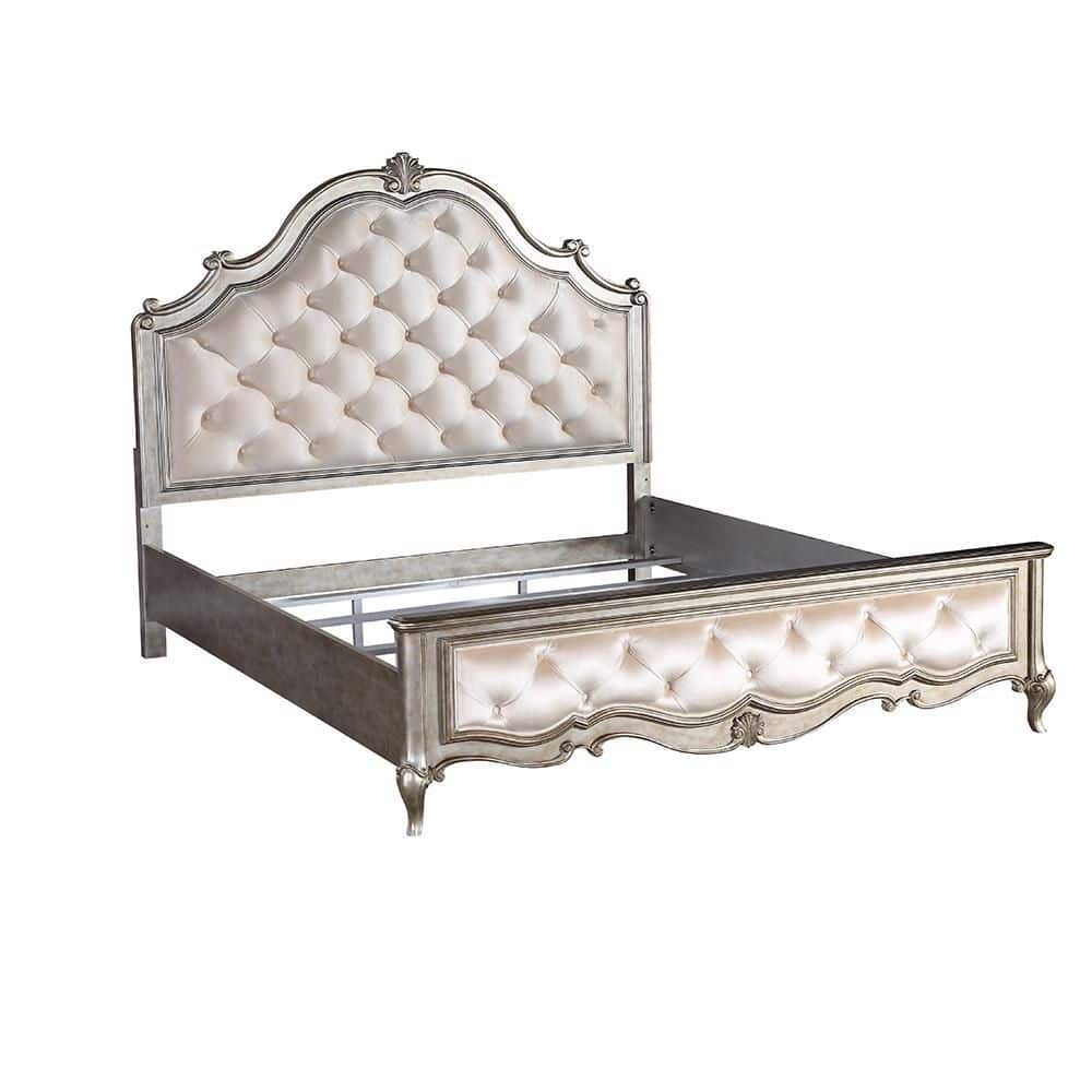 Ivory Velvet Queen Bed with Tufted Upholstered Headboard