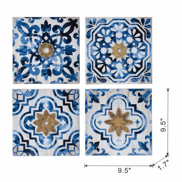 White and Indigo Frameless Wooden Wall Art Accents (Set of 4