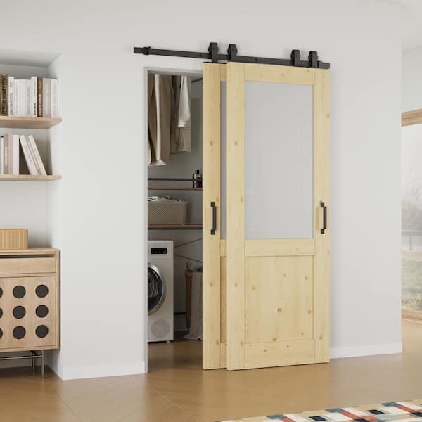 ARK DESIGN 52 in. x 80 in. (Double 30 in.) 1/2-Lite Frosted Glass Unfinished Pine Wood Sliding Barn Door with Hardware Kit Bypass