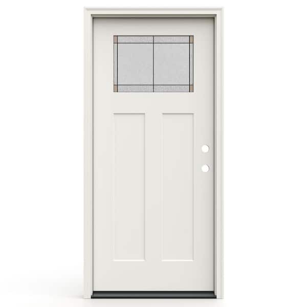 36 in. x 80 in. Left-Hand Craftsman Frameless Ballantyne Decorative Glass Primed Fiberglass Prehung Door w/ Brickmould