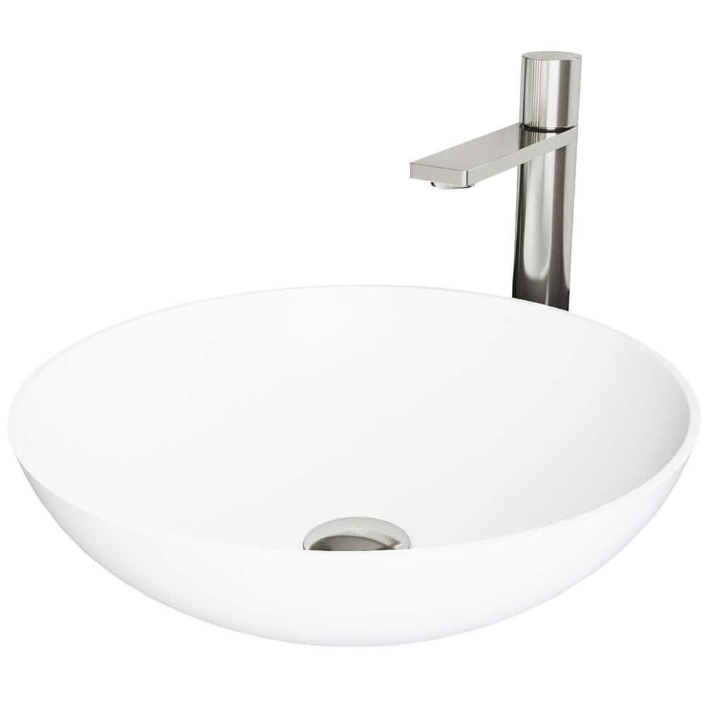 Lotus 16'' Round Matte White Stone Vessel Sink with Brushed Nickel Faucet