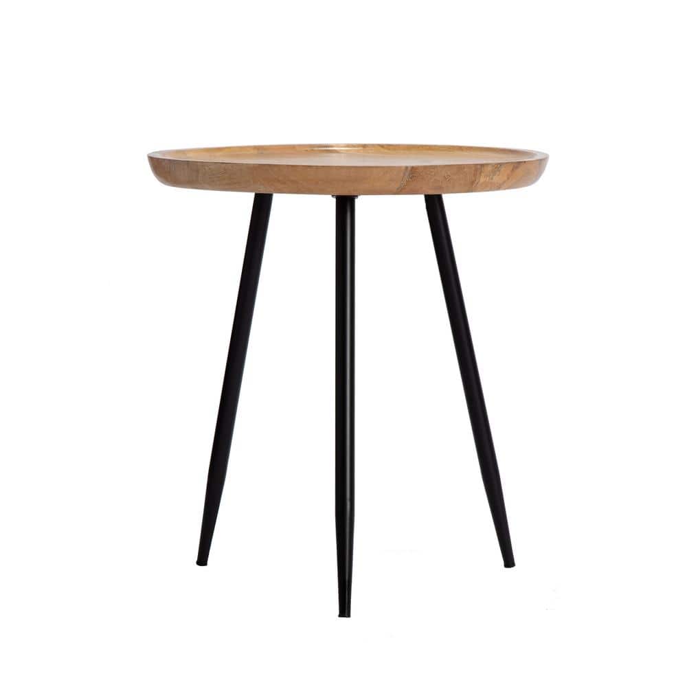 Small Round Black and Natural Wood Metal Side Table