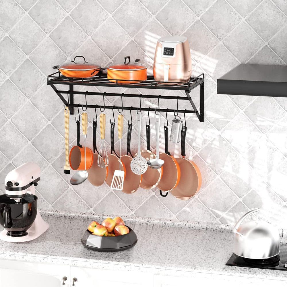 Kitchen Shelf Pot Rack Anqtovp 31 in. Black Wall Mounted 2-Tier Pot Rack with Storage Shelf ...
