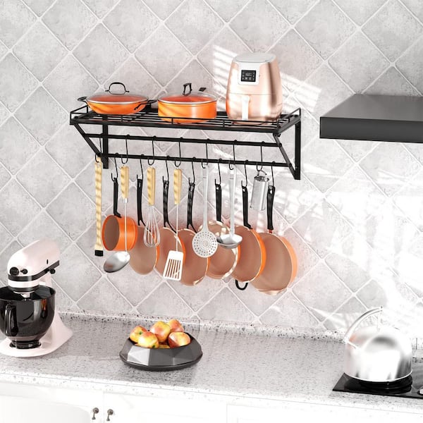 31 in. Black Wall Mounted 2-Tier Pot Rack with Storage Shelf and 14 Hooks for Pans, Utensils, Cookware, Kitchen