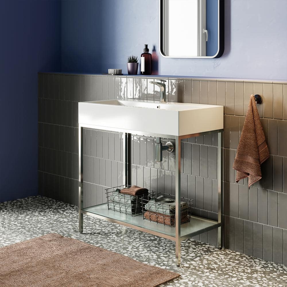 Pierre 32" Chrome Metal Frame Freestanding Bathroom Vanity with White Ceramic Top