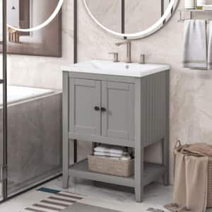 BY07 24.00 in. W x 18.00 in. D x 33.60 in. H Freestanding Bath Vanity in Gray with White Top