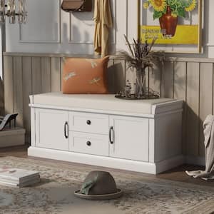White Storage Bench with 2 Drawers and 2 cabinets for Living Room, Entryway (42.5''W x 15.9''D x 17.5''H)
