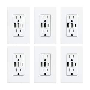 30-Watt 15 Amp 3-Port Type C and Dual Type A USB Duplex Wall Outlet, Wall Plate Included, White (6-Pack)