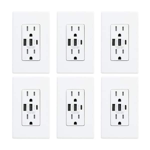 30-Watt 15 Amp 3-Port Type C and Dual Type A USB Duplex Wall Outlet, Wall Plate Included, White (6-Pack)