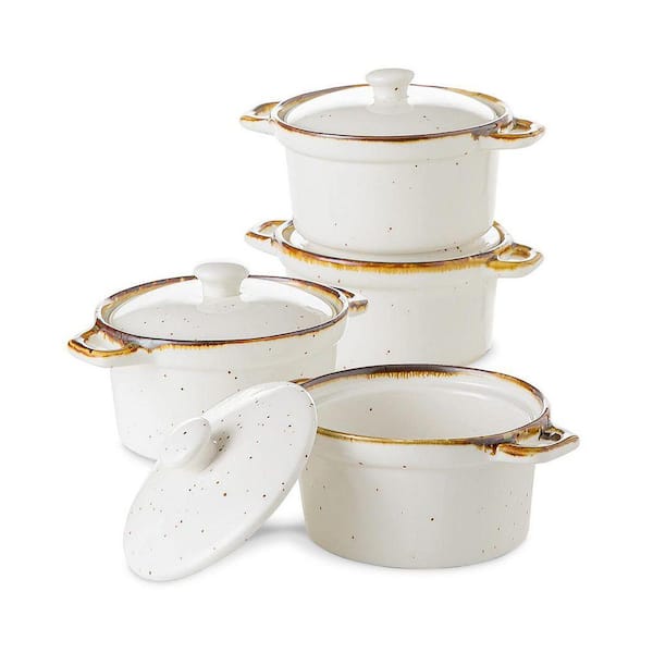 Ceramic Small Casserole Dish with Lids, 12 qt. Creamy White, Oven Safe Mini Dutch Oven Set of 4 for Individual Serving