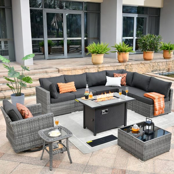 HOOOWOOO Messi Gray 10-Piece Wicker Outdoor Patio Conversation Sectional Sofa Set with a Metal Fire Pit and Black Cushions