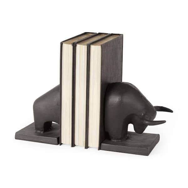 HomeRoots 5 .7 5 in. Black Cast Aluminum Raging Bull Bookends