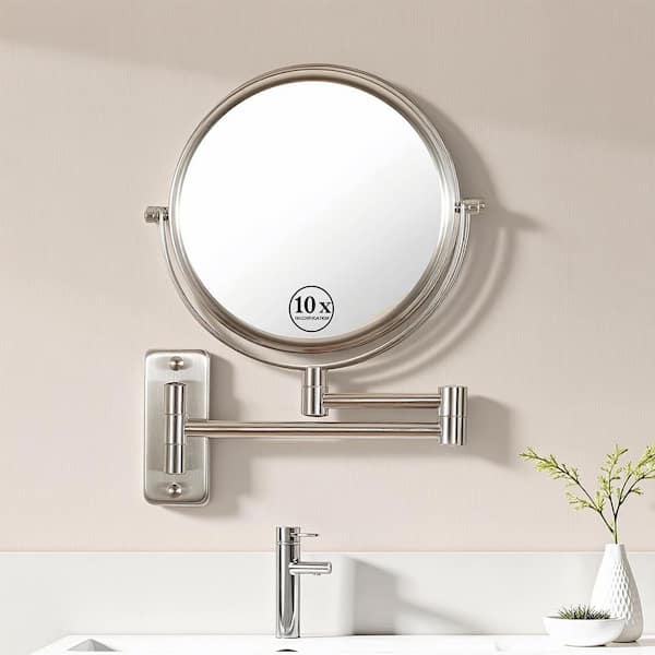 8 in. W x 8 in. H Round 1X/10X Magnifying Mirror Wall-Mount Bathroom Makeup Mirror 360° rotation in Brushed Nickel