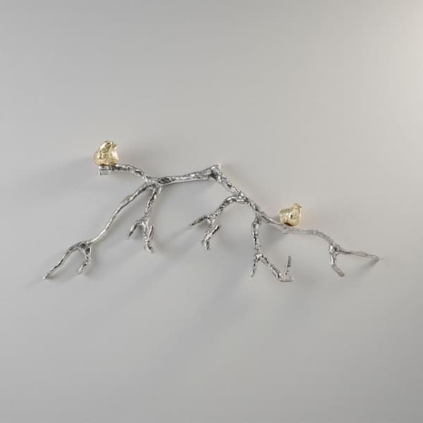 Benjara Silver and Gold 7 in. x 4 in. Decorative Wall Hook Branch Shaped with Birds Apogee