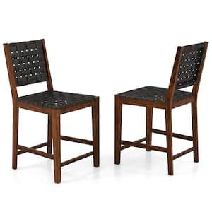 24 in. Wood Faux Leather Woven Bar Stools Counter Height Bar Chairs with High Backrest Footrest Set of 2