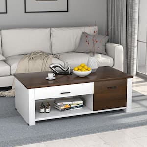 47.2 in. Brown and White 16.1 in. Modern Rectangle Wood Living Room Coffee Table with Storage Drawers Compartments