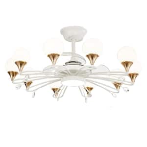 39 in. Modern Indoor Bedroom Chandelier with Fan and Remote, White Led Light Ceiling Fan with Milky Globe Lampshade