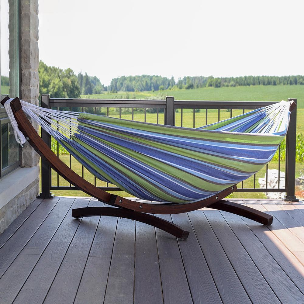 Vivere Blue and Green Striped Cotton Hammock with Pinewood Stand