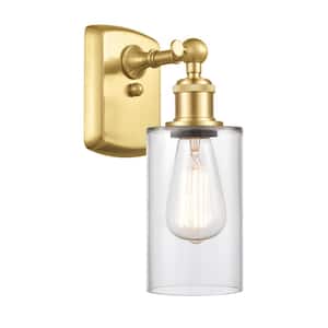Clymer 1-Light Satin Gold Wall Sconce with Clear Glass Shade