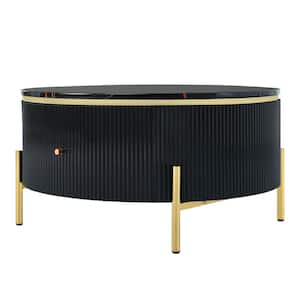 31.5 in.  Black Round MDF Coffee Table with 2 Large Drawers Storage Accent Table