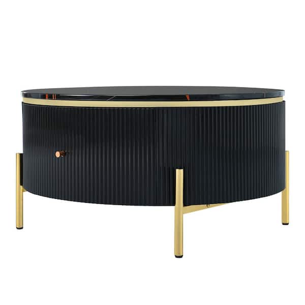Boyel Living 31.5 in.  Black Round MDF Coffee Table with 2 Large Drawers Storage Accent Table