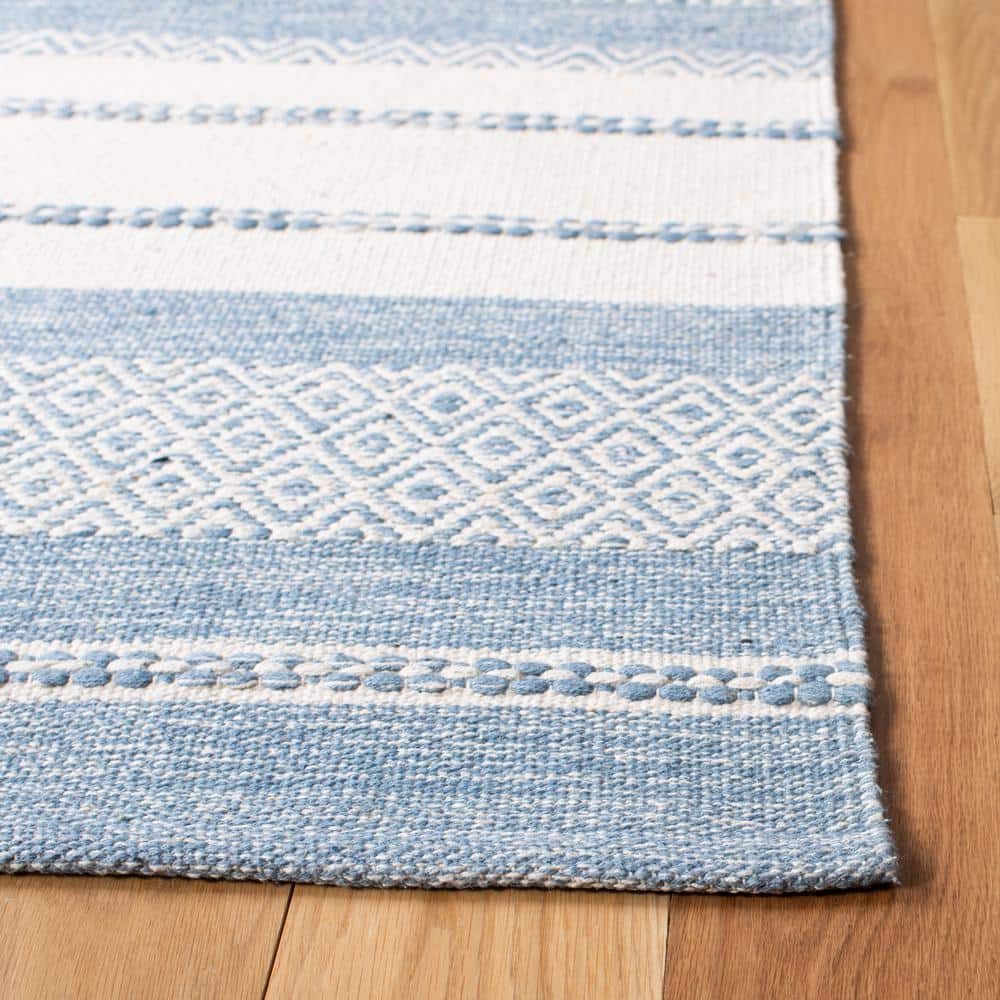 Ivory and Blue Handwoven Kilim Stripe Wool-Cotton Rug - 27in x 9in