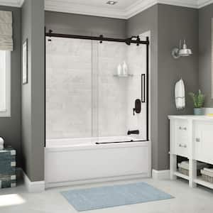 Utile 32 in. x 60 in. x 81 in. Bath and Shower Combo in Marble Carrara with New Town Right Drain, Halo Door Dark Bronze