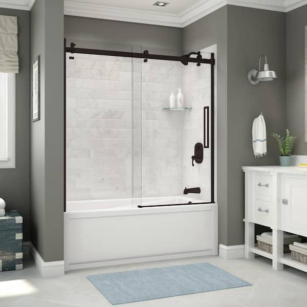 MAAX Utile 32 in. x 60 in. x 81 in. Bath and Shower Combo in Marble Carrara with New Town Right Drain, Halo Door Dark Bronze