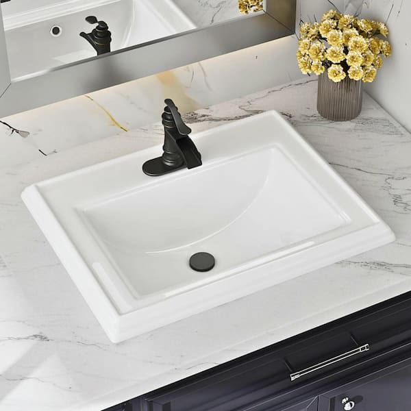 23 in. x 18 in. Ceramic Drop In Bathroom Sink with Single Faucet Hole & Front Overflow in Glossy White Vintage Design