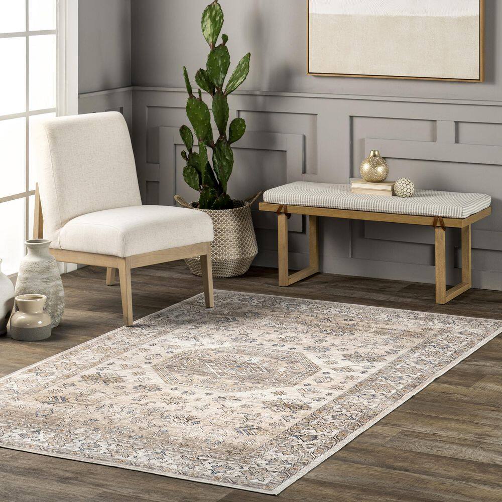 Darby Beige and Ivory Synthetic 9' x 12' Washable Area Rug