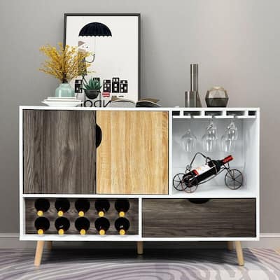White Wood Mid-Century Buffet with Wine Rack, Glass Holder