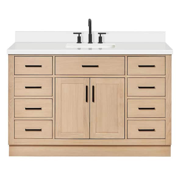 Hepburn 54 in. Single Sink Freestanding Bathroom Vanity in Oak with Pure White Quartz Top