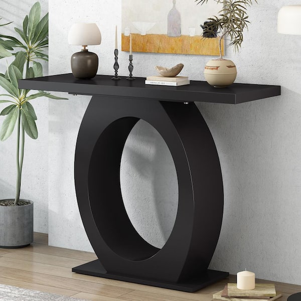 CHRISTOPHER KNIGHT HOME Minimalist 39.4 in. Black Rectangle Acacia Veneer and MDF Console Table with Egg-shaped Base